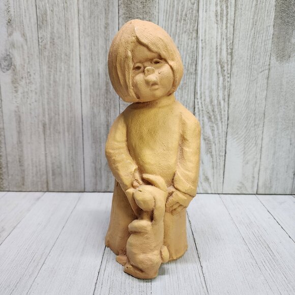 Vintage Dave Grossman Clay Sculpture Figurine Girl with Bunny Rabbit 8'' Tall - Picture 1 of 8